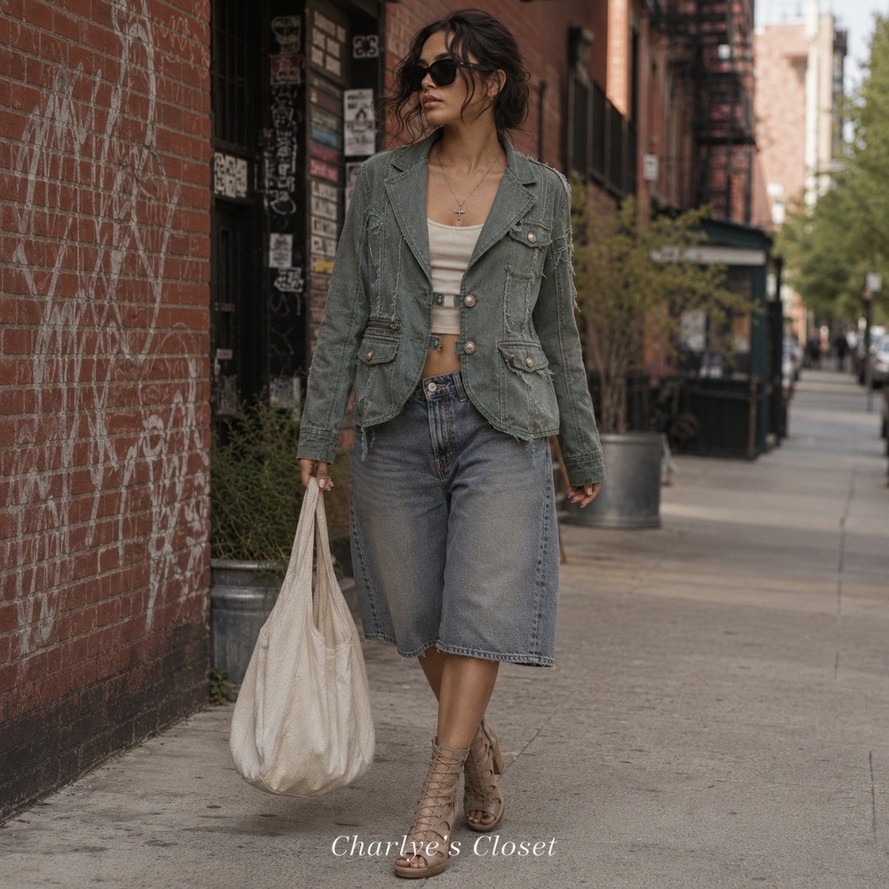 Soft Granola Girl Utility Blazer L Olive Distressed Floral Embroidered Jacket